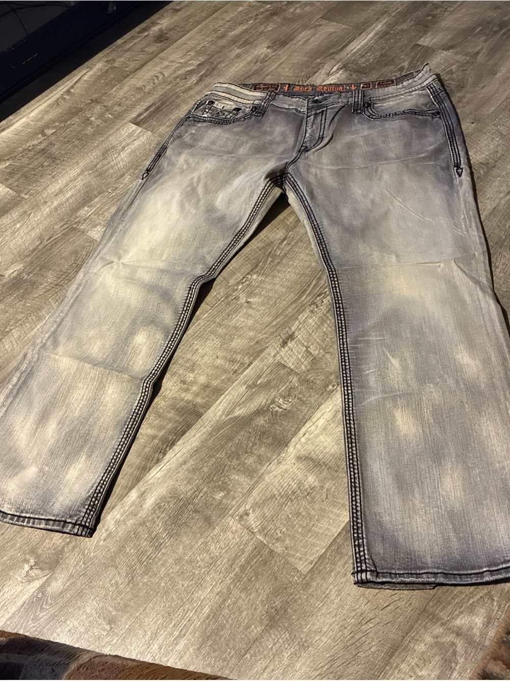 Rock Revival Jeans Vintage Lofton Straight Men Gray Denim Embroider Pockets Used